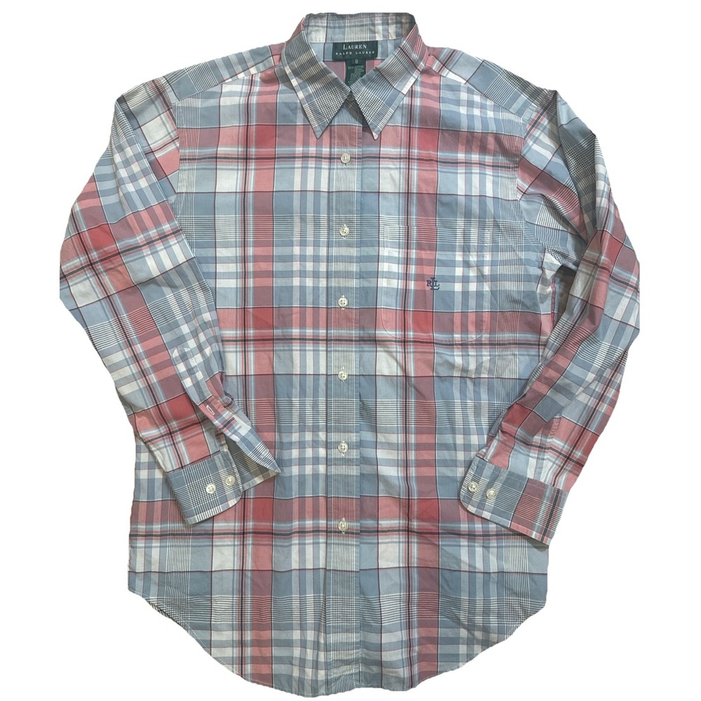 Lauren Ralph Lauren Women's Size 8 Plaid Long Sleeve Button‎ Up Embroidered